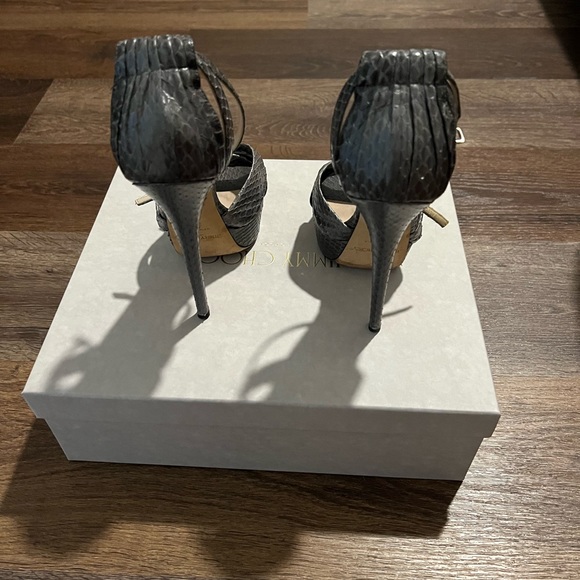 Gray Greta Snakeskin and Leather Ankle Strap Heels Pumps 37.5 - Picture 2 of 2